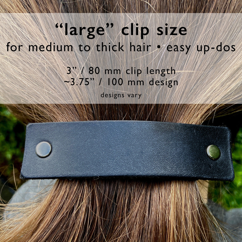 Gunmetal / Dark Silver Leather Barrette with Rustic Spirals Texture-3