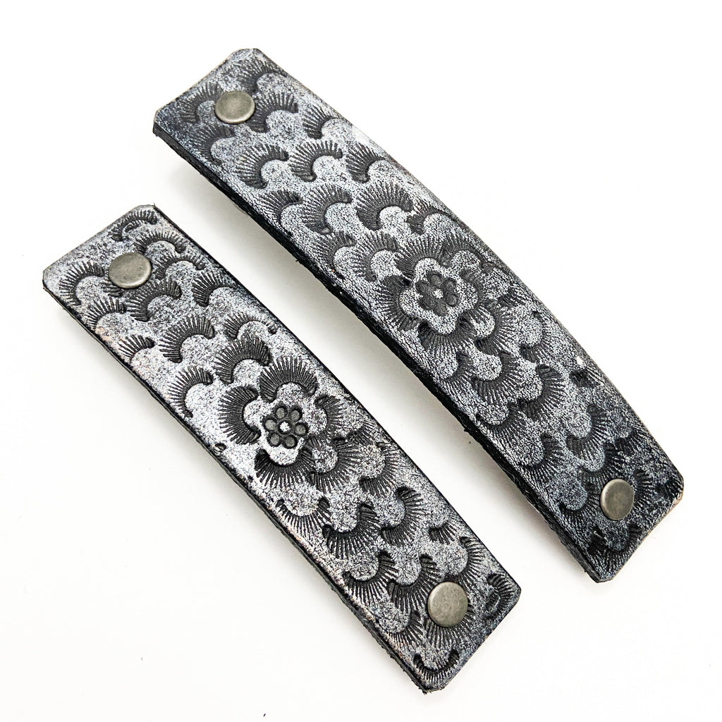 Silver & Black Chrysanthemum Flower Tooled Leather Hair Barrette-1
