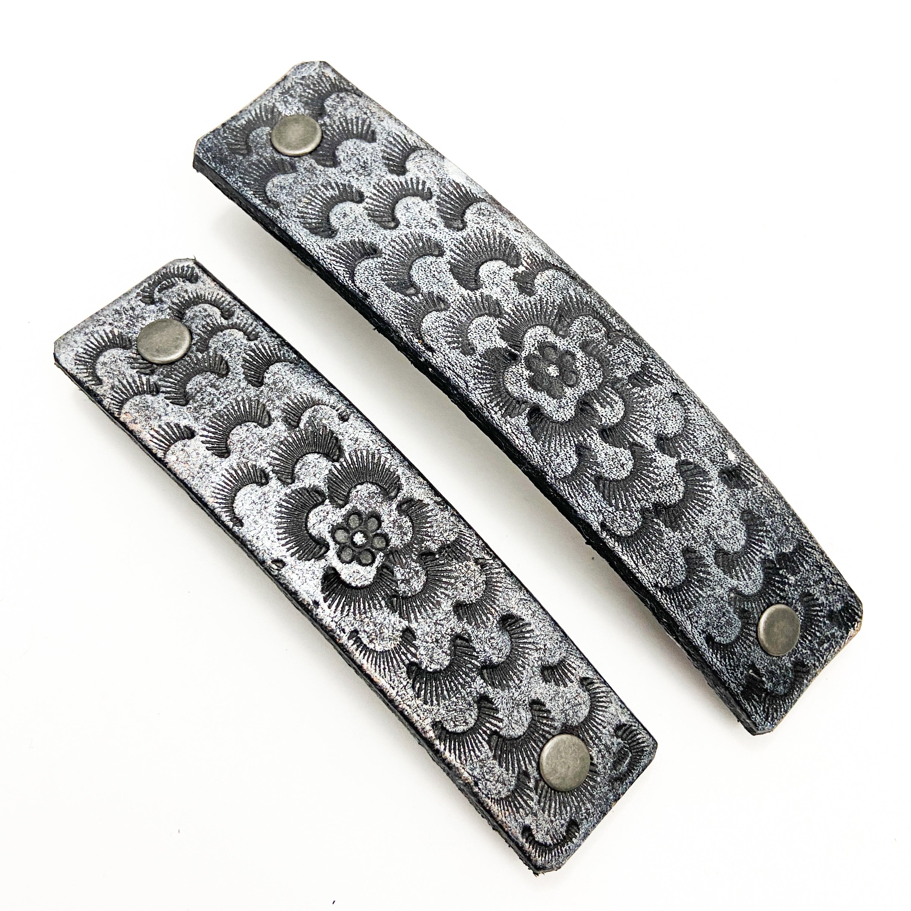 Silver & Black Chrysanthemum Flower Tooled Leather Hair Barrette-1