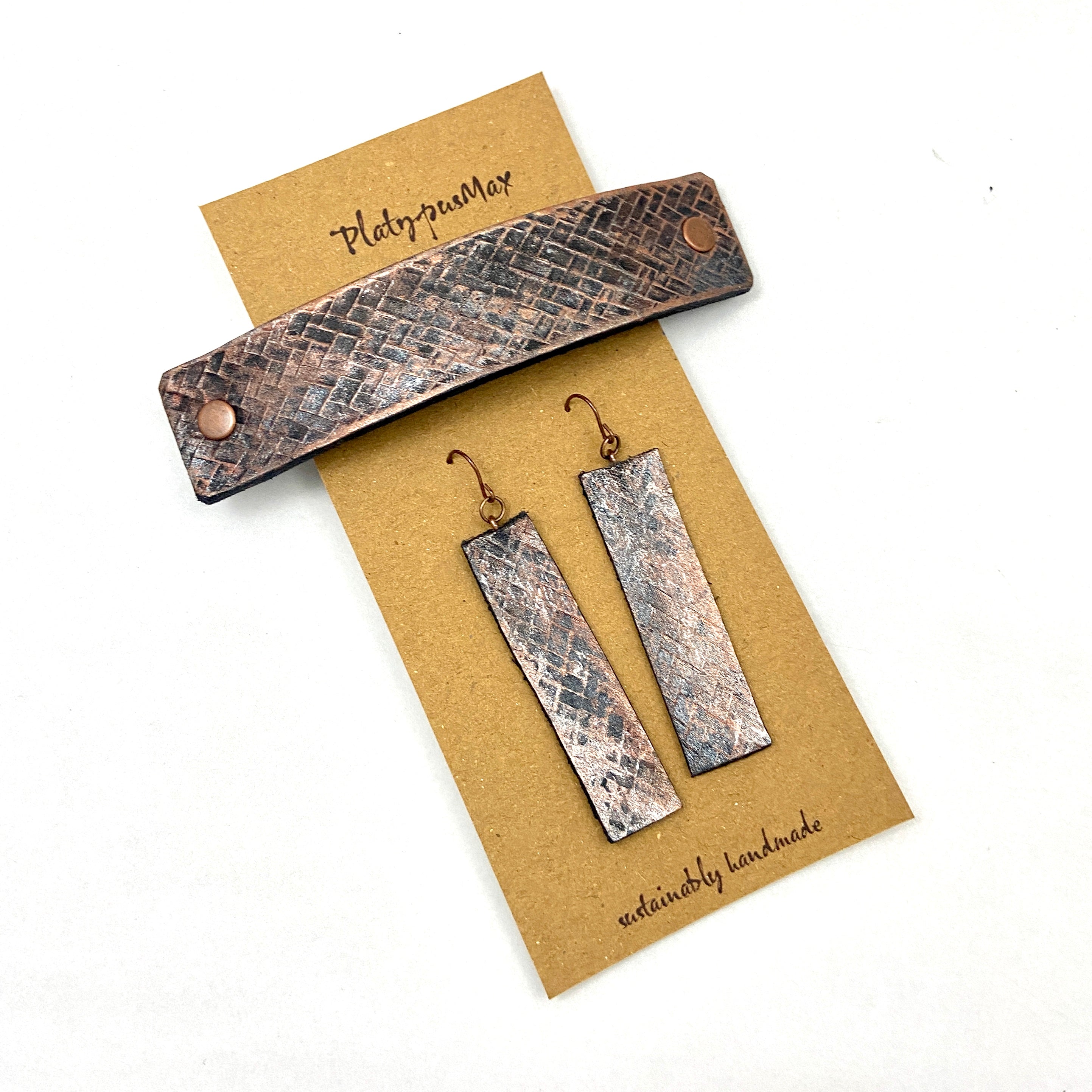 Bronze Weave Textured Barrette and Earring Gift Set-1