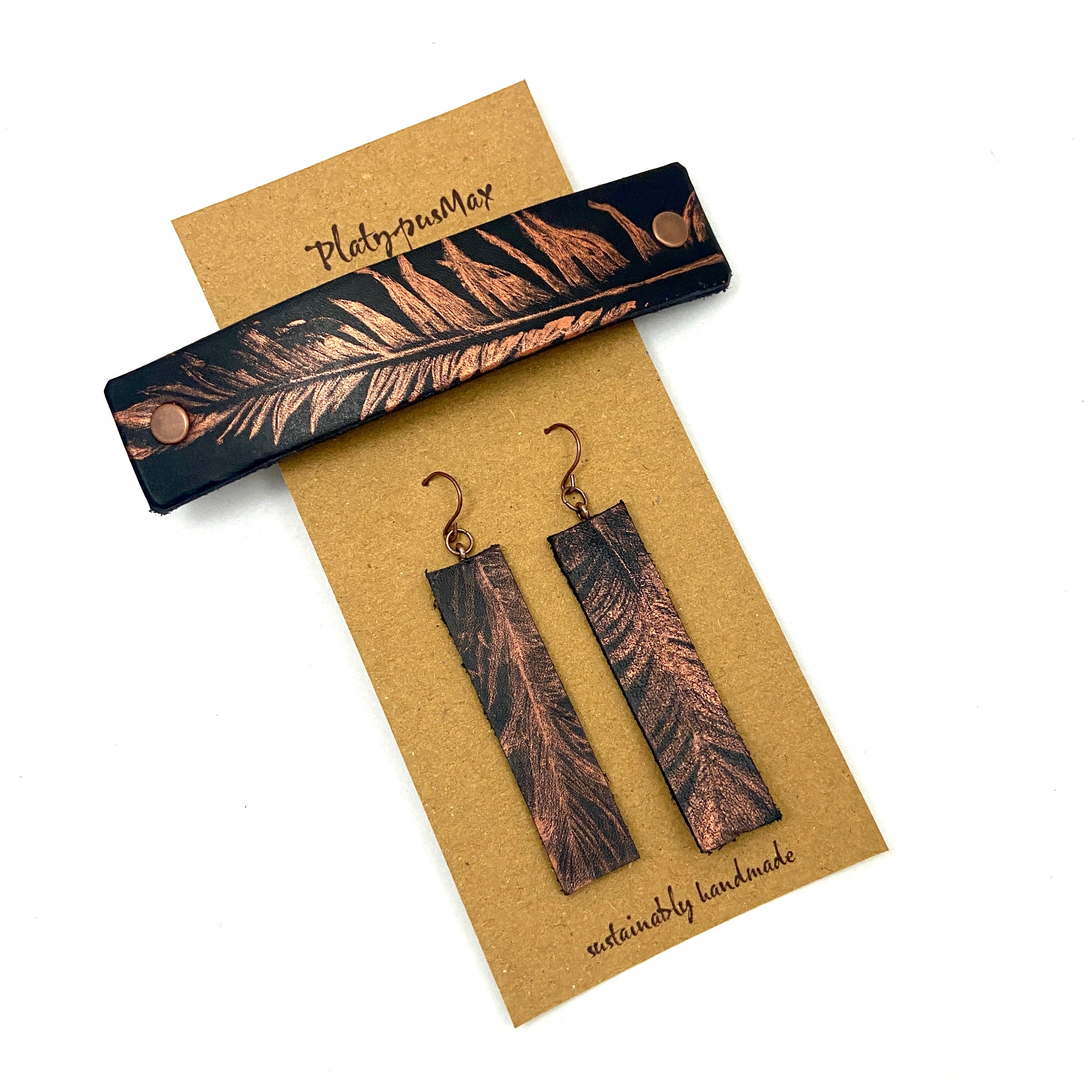 Copper Feather on Black Leather Barrette and Earring Gift Set-0