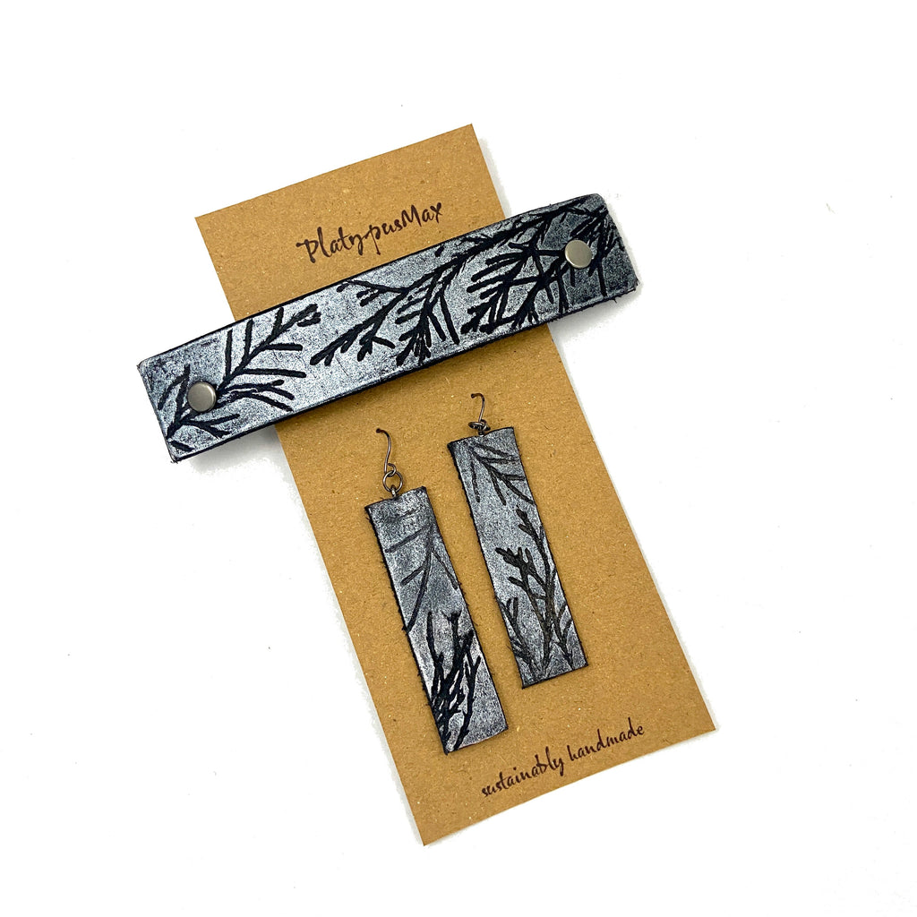 Silver & Black Juniper Branches Barrette and Earring Gift Set-1