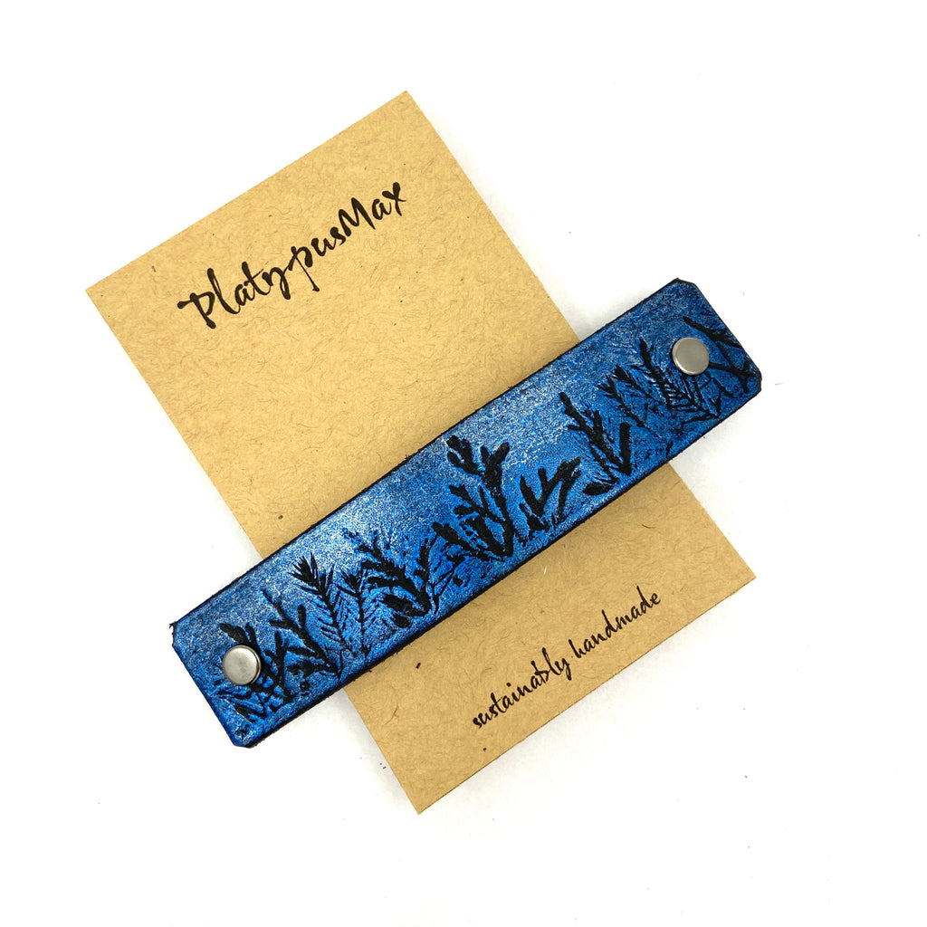 Tiny Forest / Trees Blue & Silver Shimmer Leather Hair Barrette-3