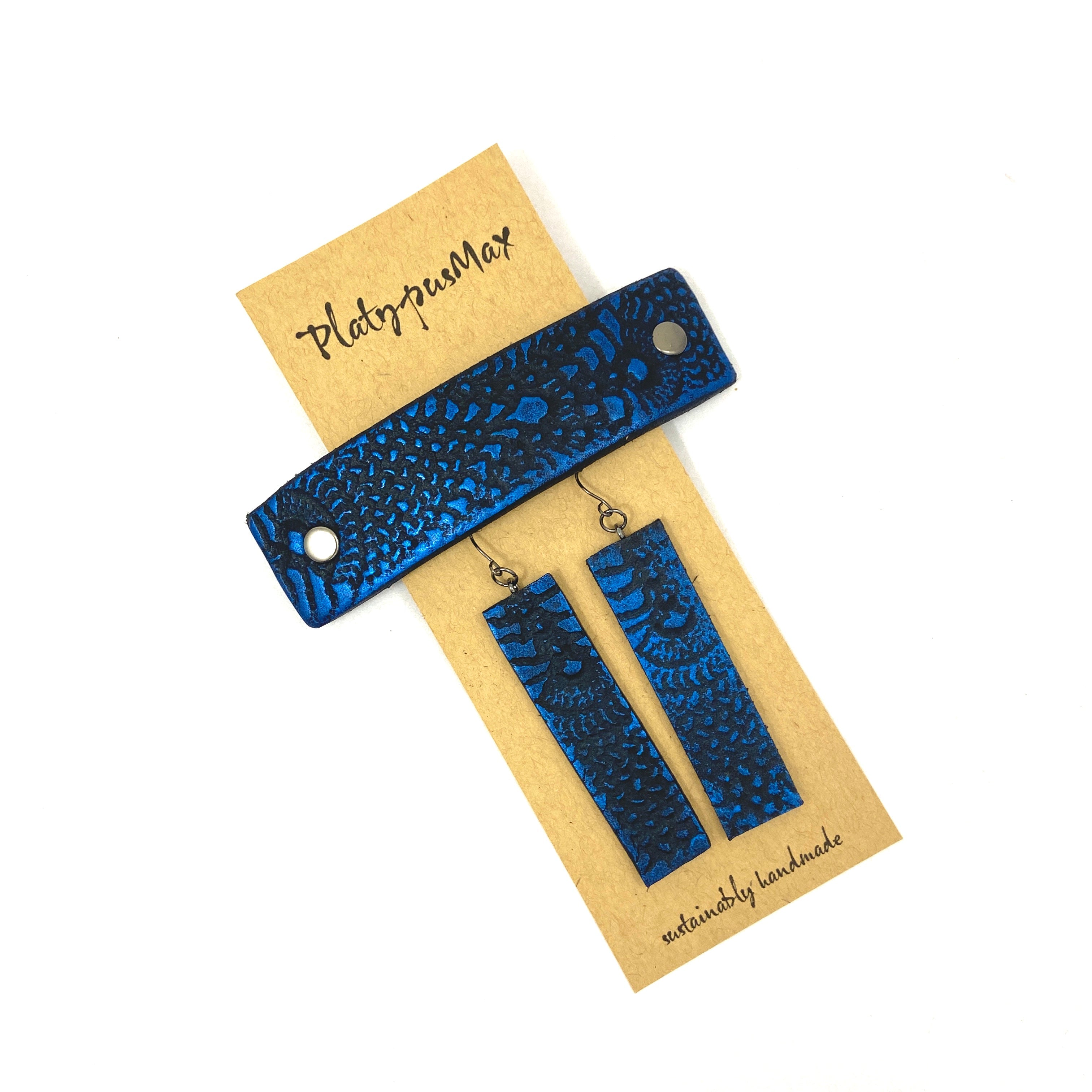 Cobalt Blue & Black Lace Texture Barrette and Earring Gift Set-0