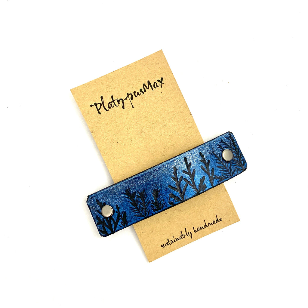 Tiny Forest / Trees Blue & Silver Shimmer Leather Hair Barrette-2