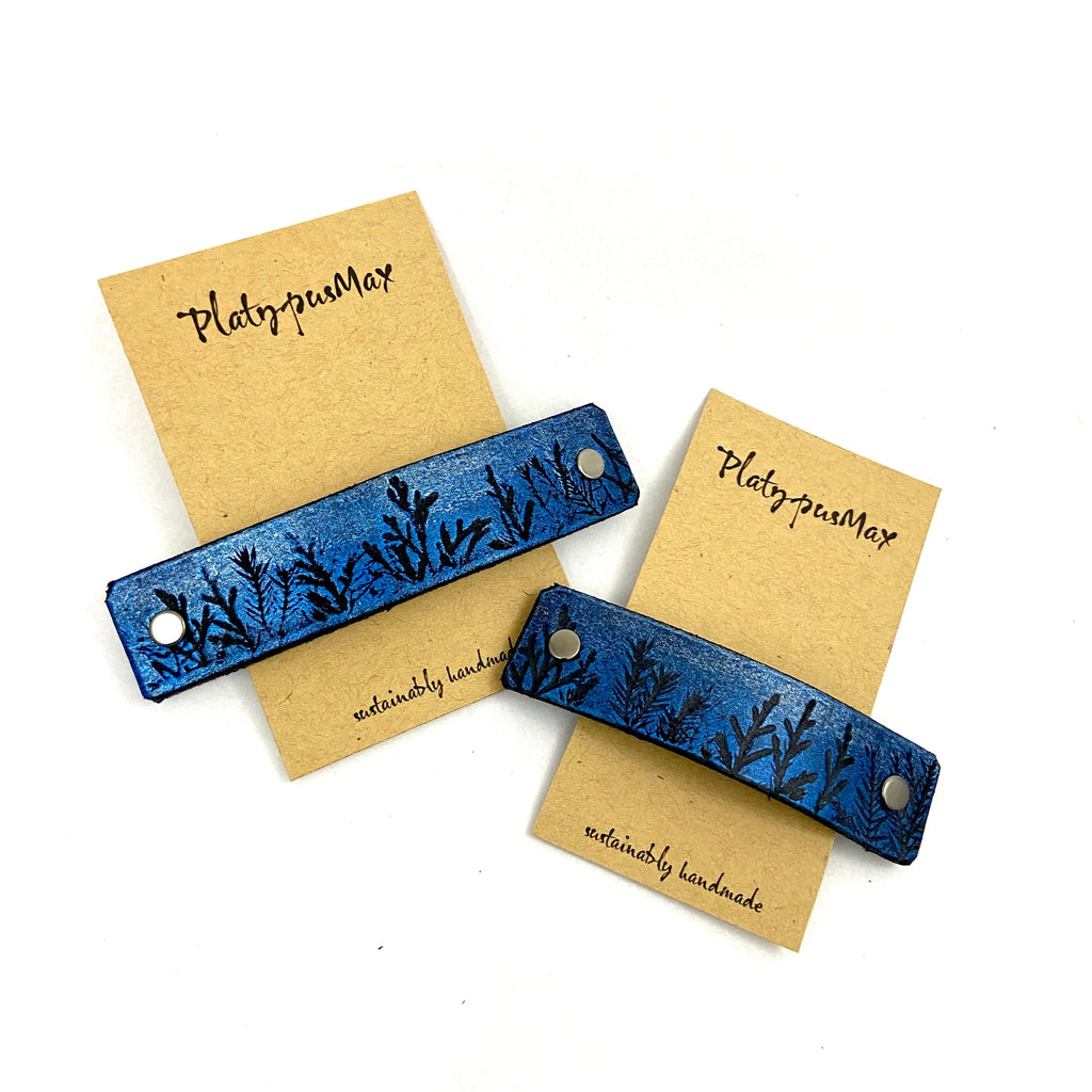Tiny Forest / Trees Blue & Silver Shimmer Leather Hair Barrette-0