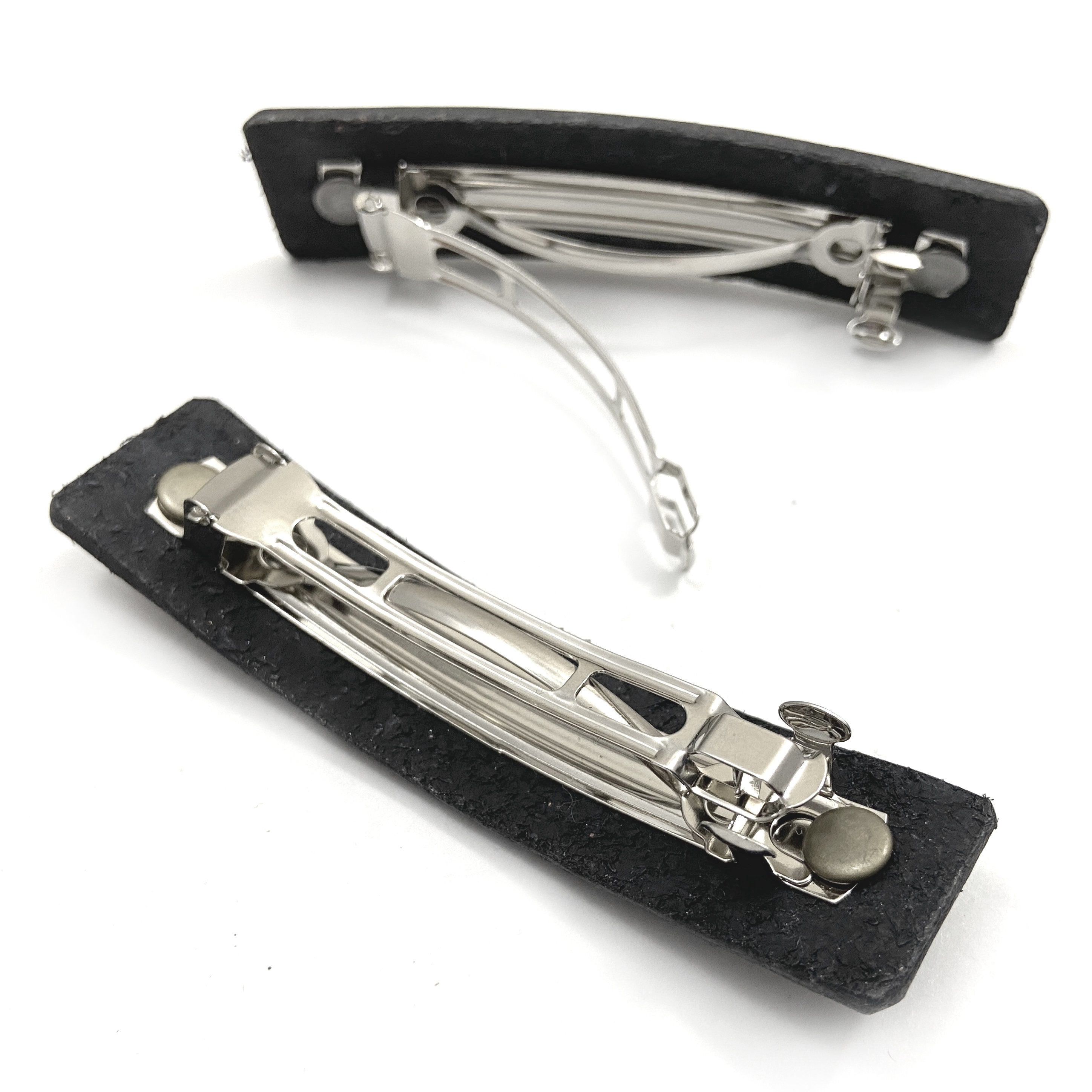 Silver & Black Chrysanthemum Flower Tooled Leather Hair Barrette-2