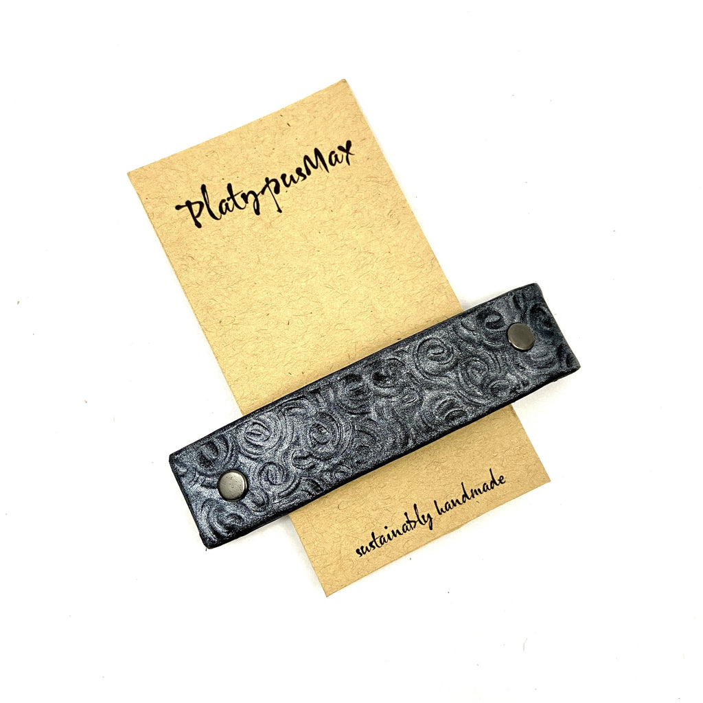 Gunmetal / Dark Silver Leather Barrette with Rustic Spirals Texture-1