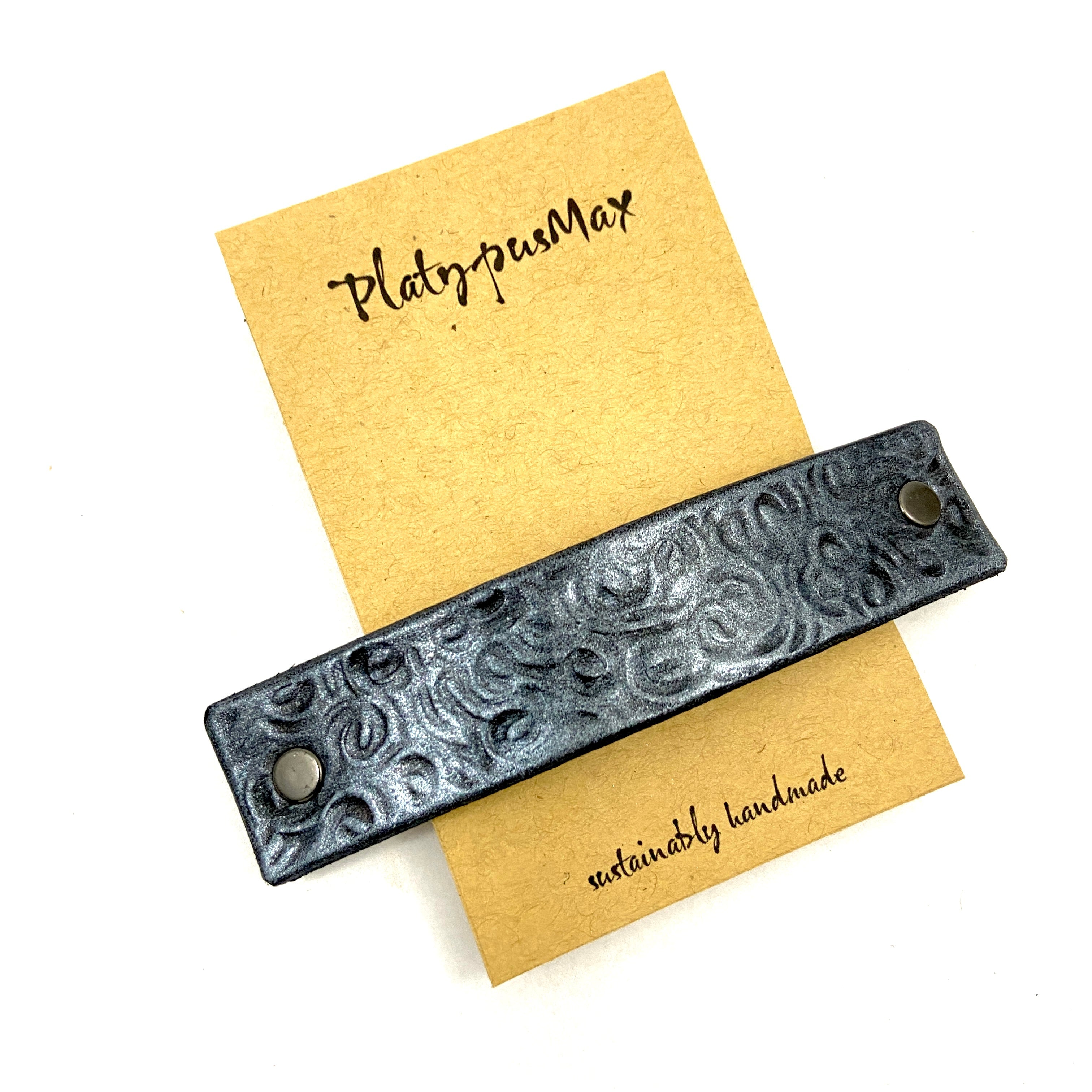 Gunmetal / Dark Silver Leather Barrette with Rustic Spirals Texture-0