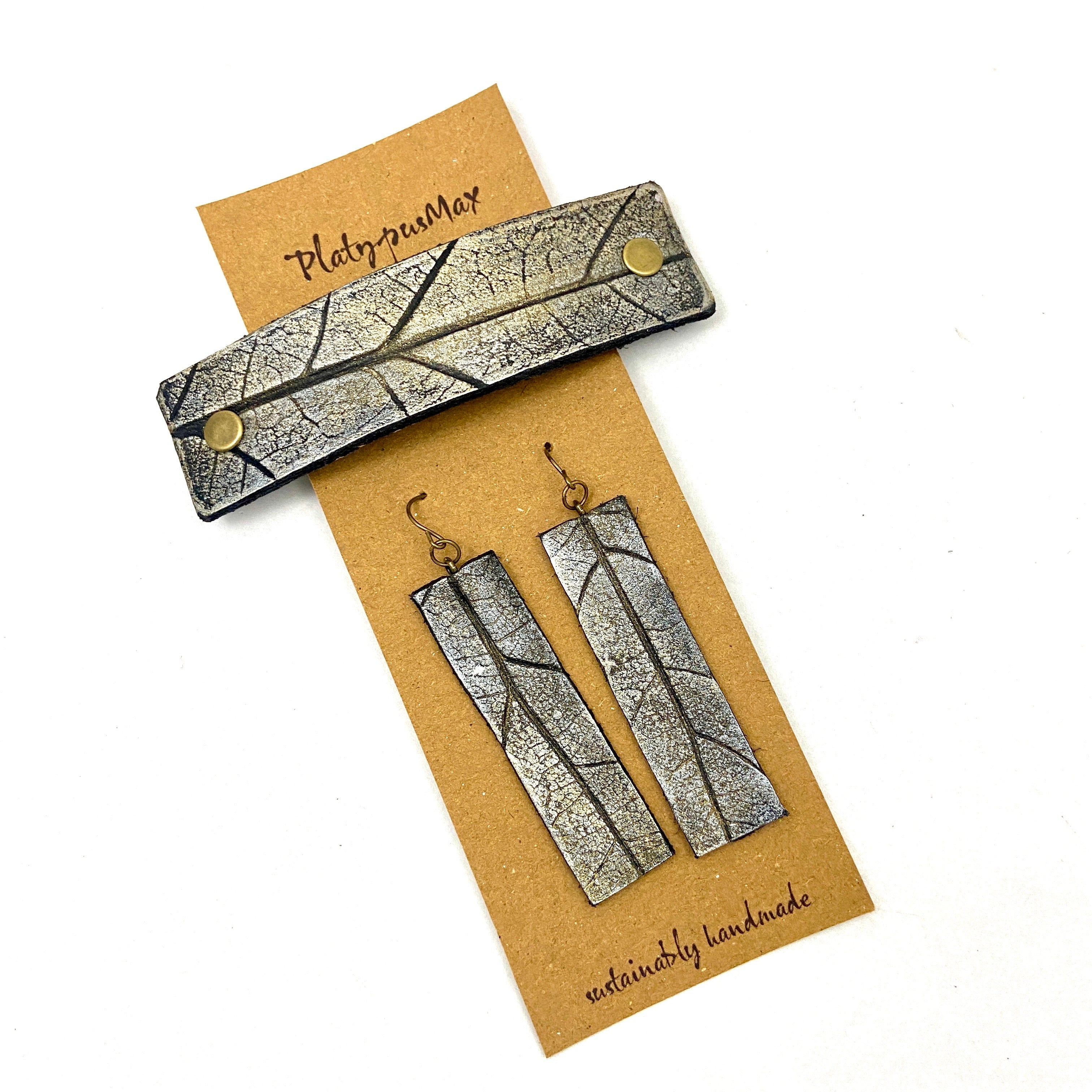 Silvery Gold Oak Leaf Imprint Barrette and Earring Gift Set-0