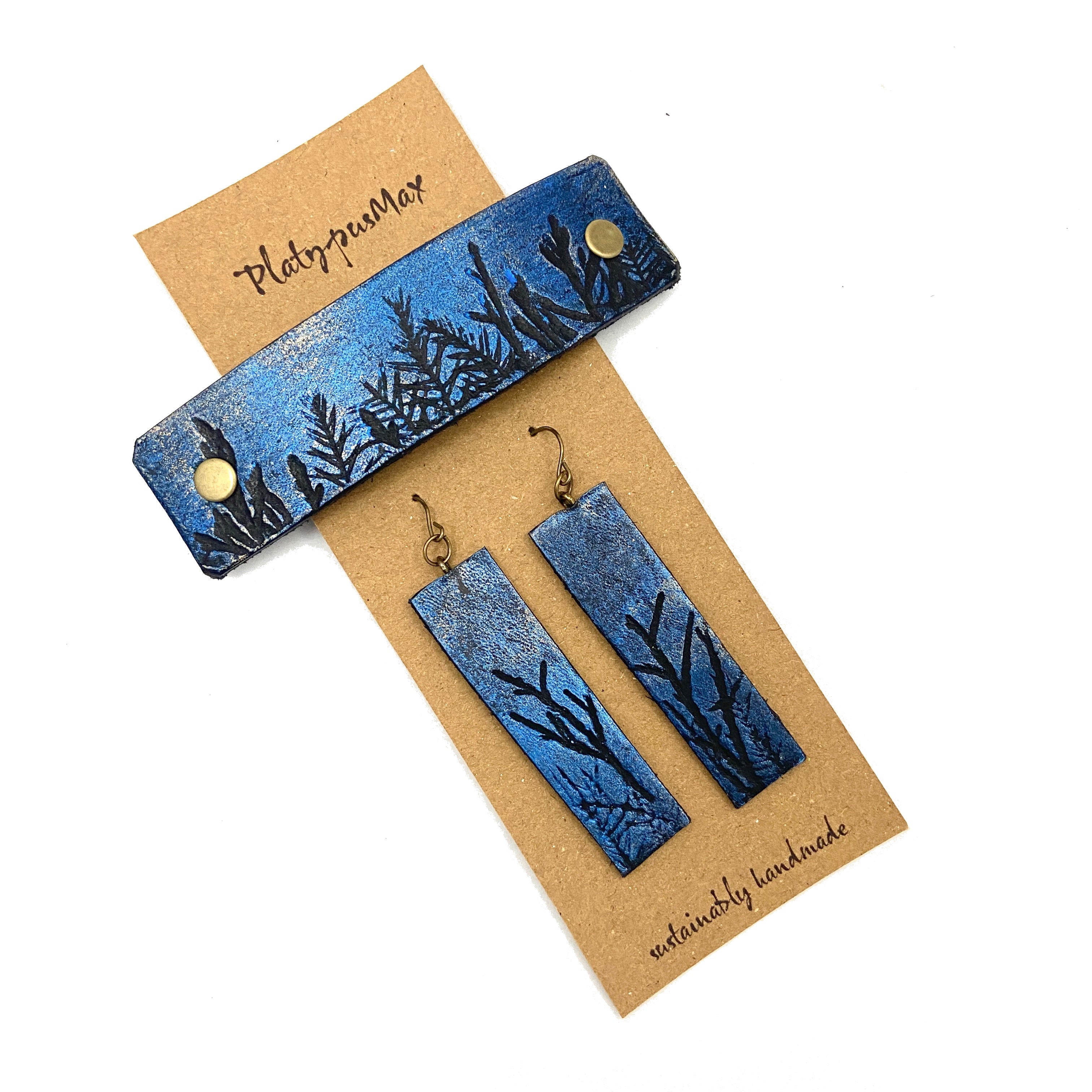 Moonlit Forest Trees Blue & Gold Barrette and Earring Gift Set-0