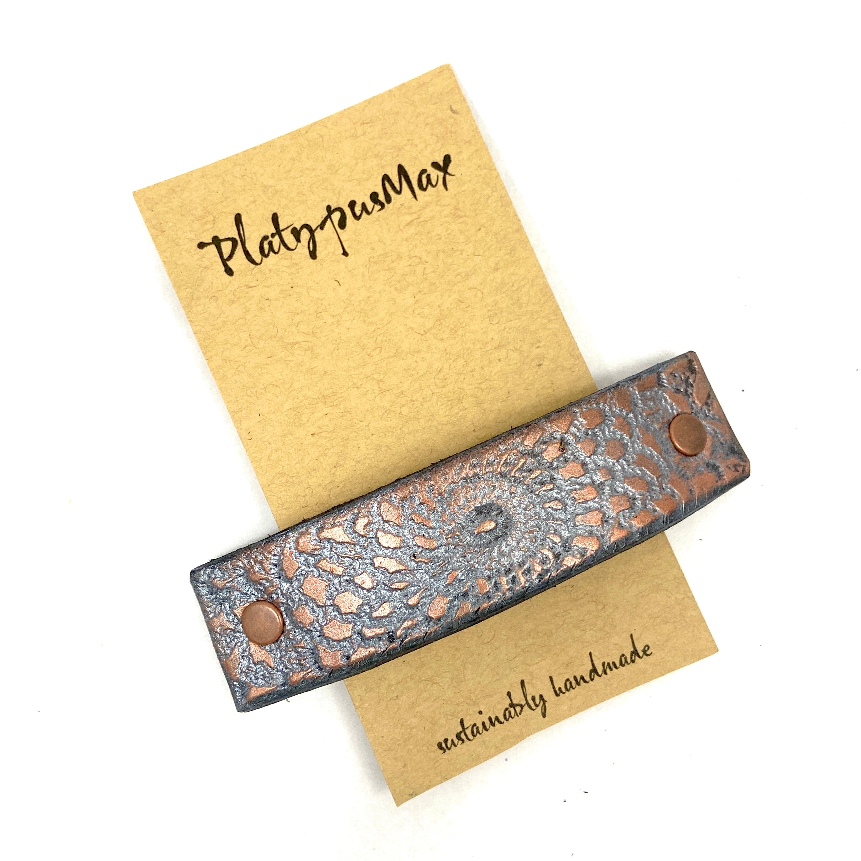 Bronze and Gunmetal Embossed Mandala Leather Hair Barrette-1