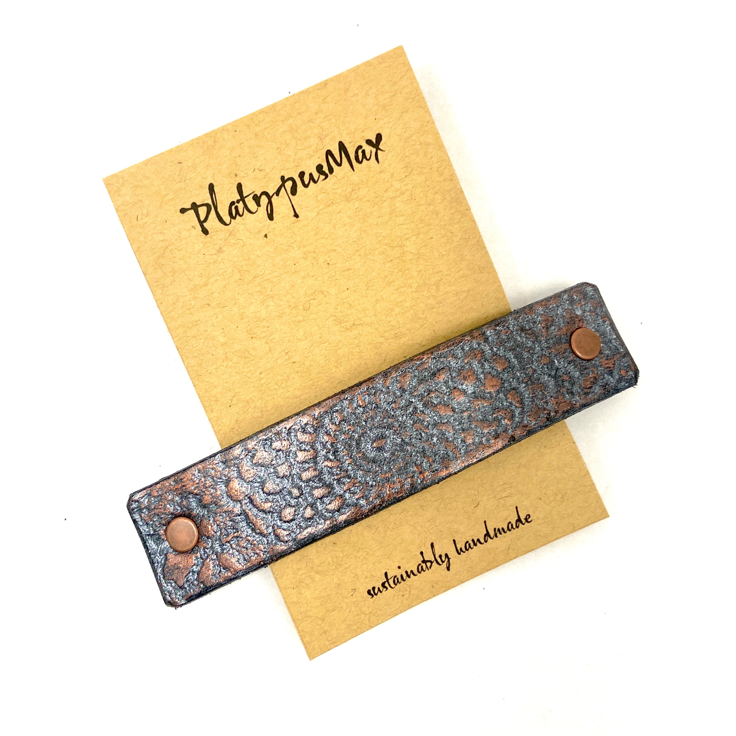 Bronze and Gunmetal Embossed Mandala Leather Hair Barrette-0